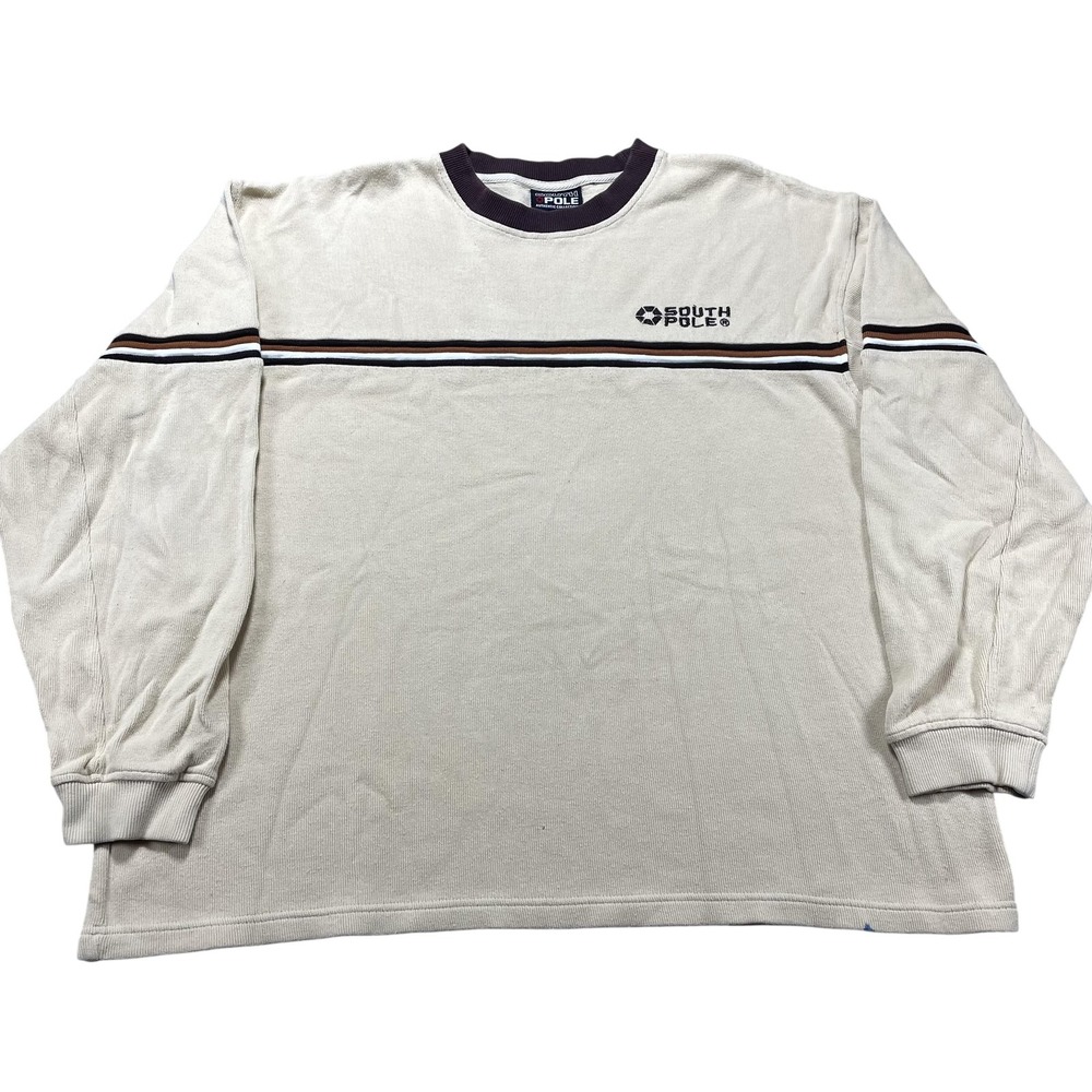 Southpole Sweatshirt Mens 2XL Beige Striped Crewneck Pullover Y2K Cotton Knit